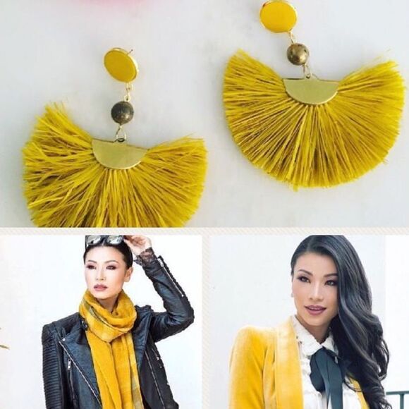 Yellow Fan Dangle Earrings - Gold Post Stud w Backs - NEW - Drop Earring - Picture 6 of 7